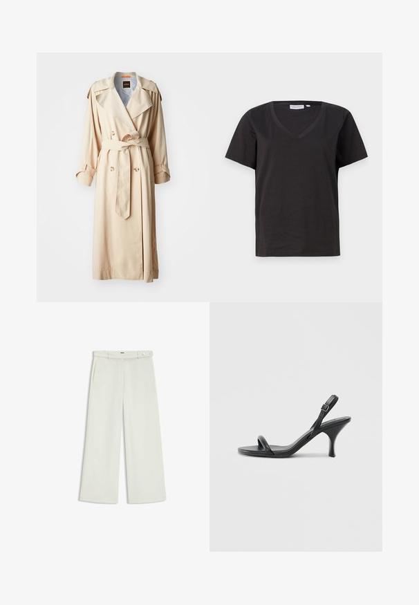 Beige trenchcoat gemaakt van lichtgewicht stof, met een dubbelzijdig ontwerp en grote knopen, een ceintuur in de taille en epauletten op de schouders.; Zwarte katoenen T-shirt met een V-hals en korte mouwen. Eenvoudig ontwerp met een regular fit en zonder patronen of accenten.; Wijde broek in licht crèmekleurige stof, met zijzakken, een platte voorkant en een enkele knoopsluiting bij de taille. Glad van textuur.; Zwarte leren sandalen met hoge hakken, een slanke, gebogen hak en een gekruist bandontwerp. Verstelbare enkelband. Soepele textuur.