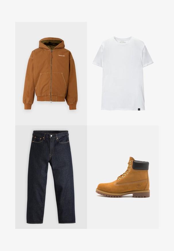 Haut à capuche zippé marron avec une capuche doublée, poches avant, poignets côtelés et coutures contrastées. Logo Timberland sur la poitrine.; T-shirt ajusté blanc en coton. Col rond, manches courtes, texture lisse. Petite étiquette noire au bas. Design sobre.; Jean en denim bleu foncé avec une coupe droite, cinq poches, des coutures orange contrastantes et une fermeture à boutons. Pas de motifs ou d'ornements visibles.; Bottine en daim beige avec un col rembourré noir, œillets en métal doré, détails de surpiqûres blanches et semelle en caoutchouc robuste avec des crampons prononcés.