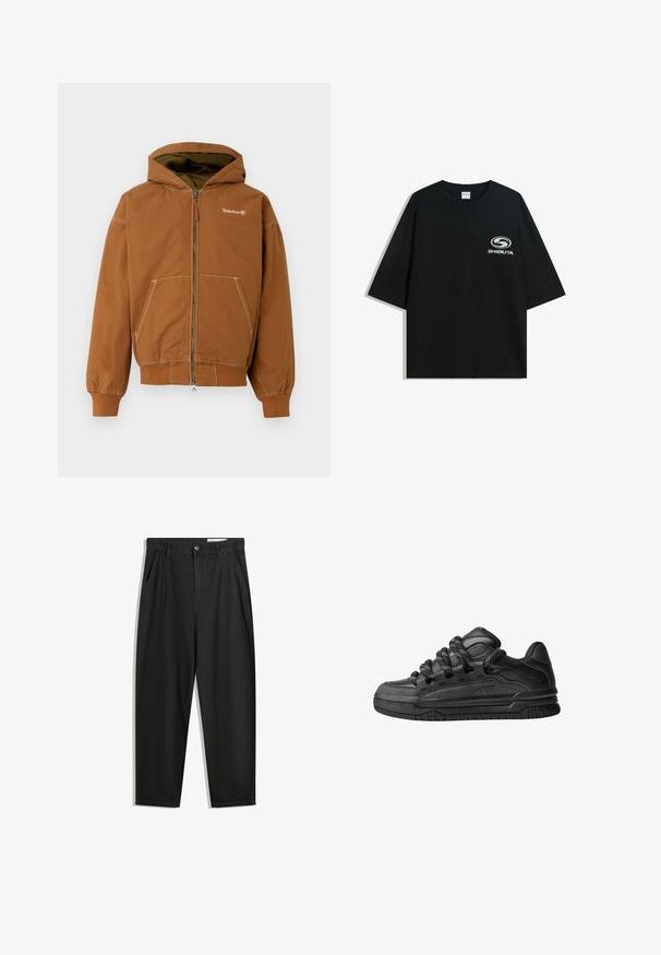 Felpa con zip di colore marrone, con cappuccio foderato, tasche frontali, polsini a costine e cuciture a contrasto. Logo Timberland sul petto.; T-shirt nera oversize in cotone con scollatura rotonda e maniche corte, con un logo bianco "Shibuya" stampato sul fronte.; Pantaloni in cotone neri con una vestibilità rilassata, dotati di una vita classica, pieghe frontali e tasche laterali. Tessuto liscio senza fantasie.; Sneaker nere con una toma in pelle liscia, dettagli testurizzati e lacci tondi neri e bianchi. Suola spessa in gomma con battistrada gommato.