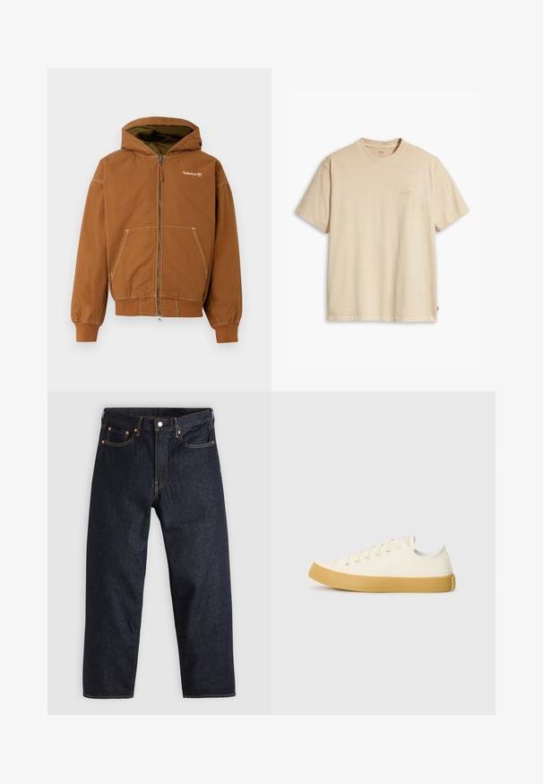 Rjava zip-up kapuca z podloženim kapuco, sprednjimi žepi, rebrastimi manšetami in kontrastnimi šivi. Timberland logo na prsih.; Bež majica s kratkimi rokavi iz bombaža z okroglim izrezom. Na prsih ima subtilen logotip "Levi's" v isti barvi. Mehka tekstura.; Temno modri kavbojki s ravnim krojem, petimi žepi, kontrastnim oranžnim šivom in gumbom za zapiranje. Brez vidnih vzorcev ali okraskov.; Platnene superge v off-white barvi z okroglim nosom, z bež gumijastimi podplati in petimi odprtinami za vezalke, z zrnato površino na zgornjem delu.