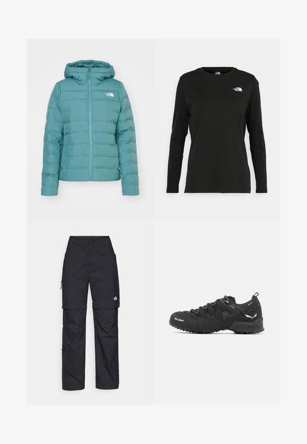 The North Face W ACONCAGUA 3 HOODIE - Pūkinė striukė - algae blue; Juodas ilgomis rankovėmis medvilninis marškinėliai su apvali apykakle. Savybė - mažas baltas logotipas kairėje krūtinės pusėje. Paprastas dizainas ir pritaikymas.; Juodos nailoninės krovinių kelnės su reguliuojamais rankovėmis, daugybe kišenių ir logo ant dešinės kojos. Lygi, lengva tekstūra.; Juodi žygio batai su tekstūruotu audiniu, raišteliais ir tvirtu guma padu. Papuošti atspindinčiomis detalėmis ir logotipais.