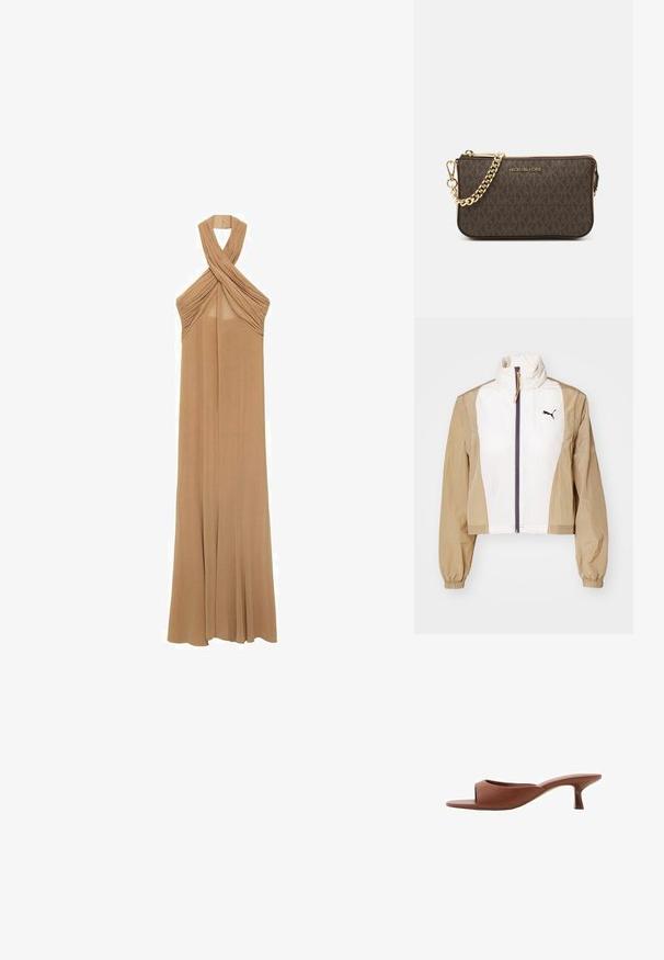 Skriven jakna s bijelim prednjim dijelom i smešnim rukavima, s visokim ovratnikom, zatvaračem, elastičnim manžetama i tamnim logotipom na prsima.; Halterska haljina od mekog bež materijala, s nabranim detaljima oko izreza i lepršavim, haljinu do poda.; Smeđe sandale s otvorenom nožnom prstom i potpeticom, s glatkom, mat završnom obradom, koje imaju zakrivljen dizajn i prozirnu, suženu potpeticu.; Smeđa kožna torba preko ramena s uzorkom loga, zlatna lanac trakica, zatvaranje na patentni zatvarač i zlatni metalni detalji. Kompaktna i pravokutna forma.