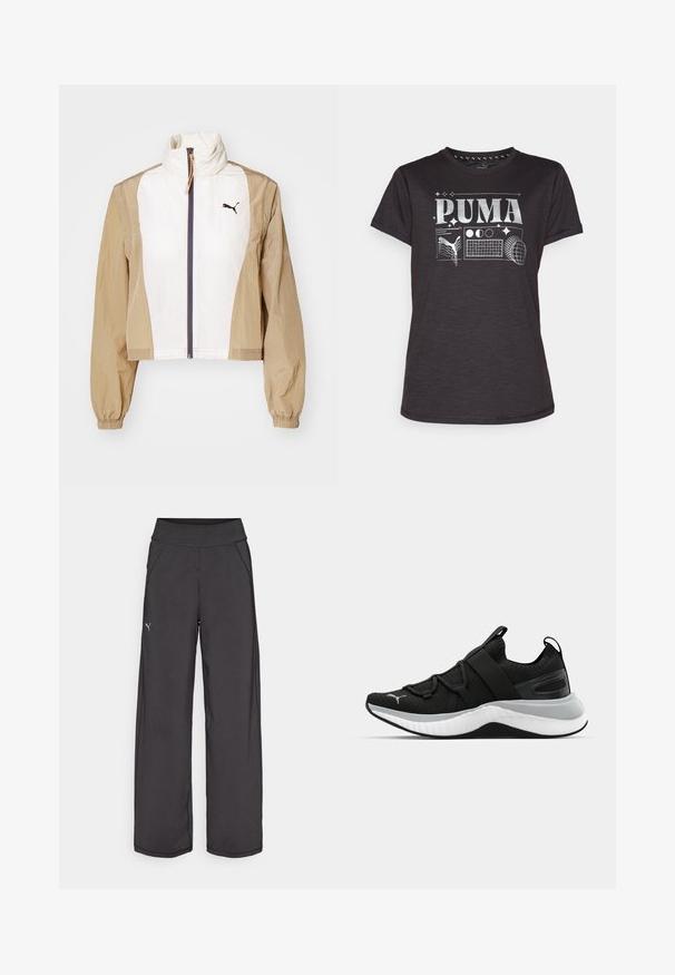 Gekürzter Jacke mit einer weißen Vorderseite und braunen Ärmeln, ausgestattet mit einem hohen Kragen, einem Reißverschluss, elastischen Bündchen und einem dunklen Logo auf der Brust.; Schwarzes T-Shirt mit kurzen Ärmeln und silbernem Grafikdruck, der "PUMA" und verschiedene Sportmotive zeigt. Weicher Stoff, klassischer Schnitt und runder Halsausschnitt.; Schwarze Sporthose mit einem breiten Bund, Seitentaschen und flachen Nähten. Mit einem kleinen Logo am linken Bein. Hergestellt aus glattem, dehnbarem Stoff.; Schwarzer Sportschuh mit strukturiertem Obermaterial, elastischen Riemen und einer dicken weißen Mittelsohle. Mit einem grauen Akzent entlang der Sohle.