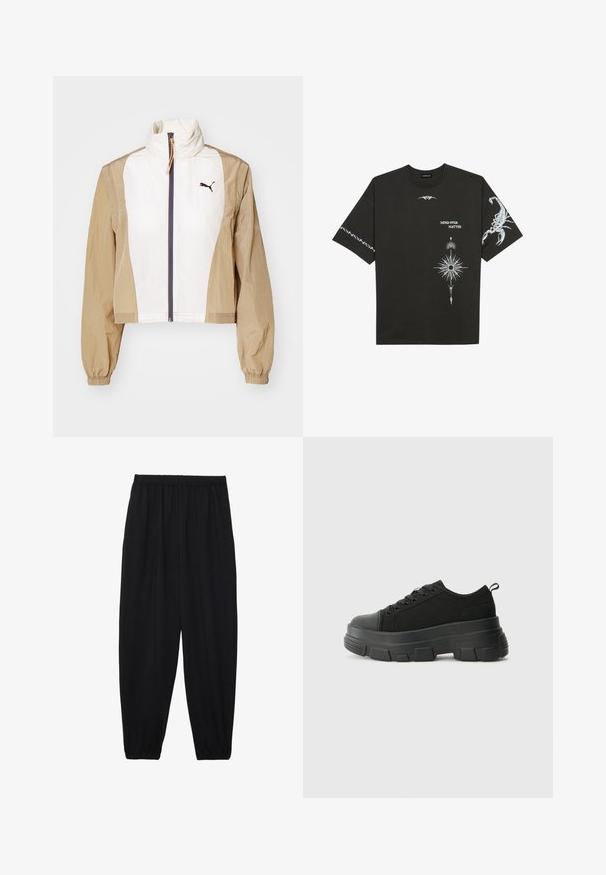 Cropped jacket with a white front and tan sleeves, featuring a high collar, zip closure, elastic cuffs, and a dark logo on the chest.; Black cotton t-shirt featuring white graphic prints, including a scorpion and abstract designs. Short sleeves; round neckline.; Black, lightweight pants with an elastic waistband and gathered ankles. The fabric is smooth and features a relaxed, tapered design.; Black sneakers with a chunky rubber sole, textured fabric upper, round toe, and lace-up design. Features reinforced eyelets and back pull tab.