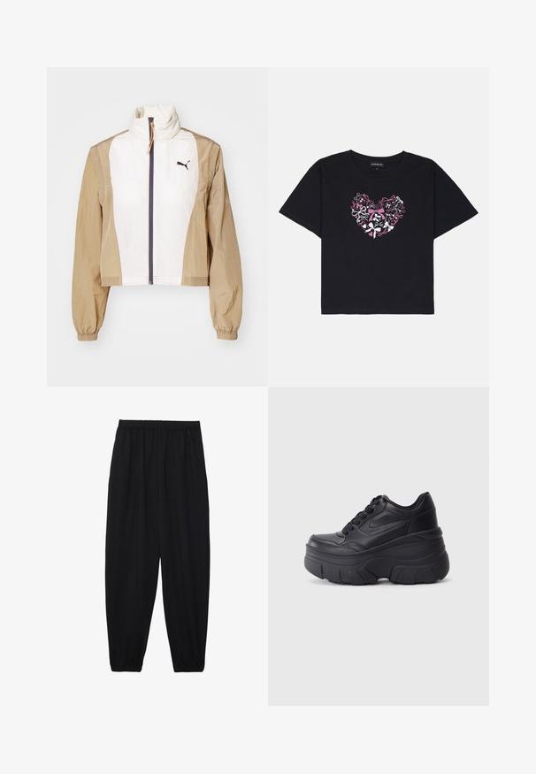 Skriven jakna s bijelim prednjim dijelom i smešnim rukavima, s visokim ovratnikom, zatvaračem, elastičnim manžetama i tamnim logotipom na prsima.; Crna pamučna majica kratkih rukava s dizajnom srca napravljenim od šarenih mašnica u ružičastoj, bijeloj i crnoj boji na sredini.; Crne, lagane hlače s elastičnom stražnjom pasicom i naboranim gležnjevima. Tkanina je glatka i ima opušteni, suženi dizajn.; Crne tenisice na vezanje s debelim potplatom, koje imaju glatku kožnu gornju stranu, zaobljeni vrh i izražen slojeviti dizajn platforme.