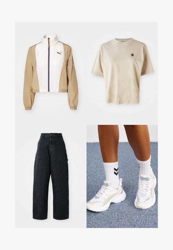 Veste raccourcie avec un devant blanc et des manches beiges, dotée d'un col montant, d'une fermeture éclair, de poignets élastiques et d'un logo foncé sur la poitrine.; T-shirt en coton beige avec une coupe décontractée, un col ras du cou, des manches courtes et une petite étiquette carrée avec logo sur la zone gauche de la poitrine.; Pantalons cargo larges en denim noir à taille haute, avec deux grandes poches avant et une fermeture à bouton à la taille. Texture lisse, design décontracté.; Baskets blanches avec des accents argentés, en matériau en maille et au design volumineux. Associées à des chaussettes blanches avec des motifs en chevron noirs.