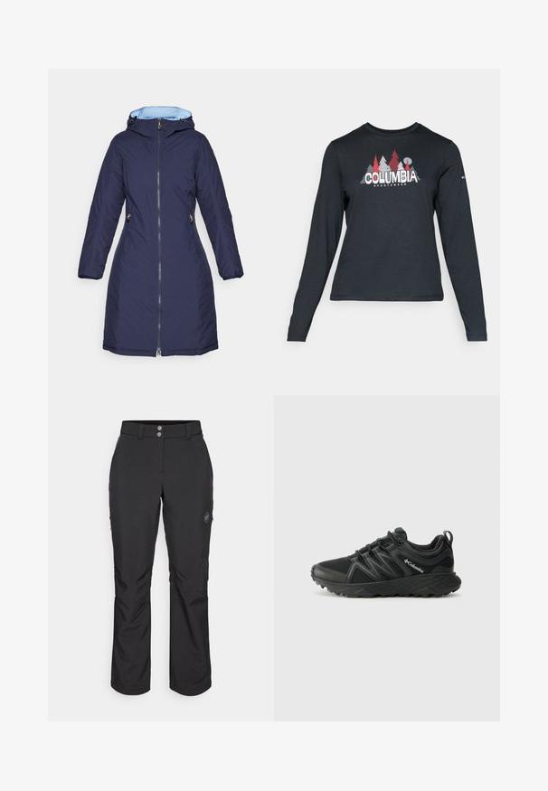 Navy blue hooded parka with a zippered front, side pockets, and soft blue lining. Features elastic cuffs and a mid-length design.; Long-sleeve dark gray shirt with a graphic of red trees and mountains; "COLUMBIA" logo in bold white text. Soft fabric, standard crew neck.; Black outdoor pants with a straight cut, featuring a button closure, zippered side pockets, and a logo patch on the left thigh.; Columbia PEAKFREAK - Hiking shoes - black