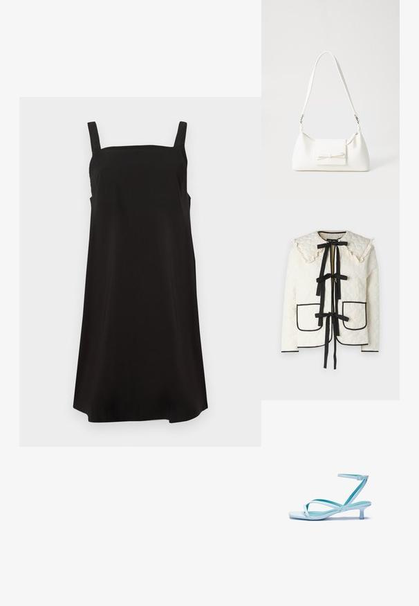 Μπεζ τριπλέτα μπουφάν με μαύρες λεπτομέρειες, με ριγέ κολάρο, δύο μπροστινές τσέπες και μαύρες κορδέλες για κλείσιμο.; Μαύρο αμάνικο φόρεμα με τετράγωνη λαιμόκοψη, κατασκευασμένο από λεία ύφασμα, με φαρδιά εφαρμογή και ευθεία γραμμή. Χωρίς ορατά σχέδια ή μεταλλικά στοιχεία.; Απαλή μπλε σανδάλι με λουράκια και τετράγωνη μύτη, χαμηλό τακούνι, ρυθμιζόμενο λουράκι στον αστράγαλο και λείο, γυαλιστερό φινίρισμα. Σταυρωτά λουράκια στο πάτωμα.; Λευκή συνθετική τσάντα σε τριγωνικό σχήμα, με επίπεδη μπροστινή καπάκι και λεπτομέρεια φιόγκου, ρυθμιζόμενο λουράκι, απαλή υφή και μινιμαλιστικό σχέδιο.