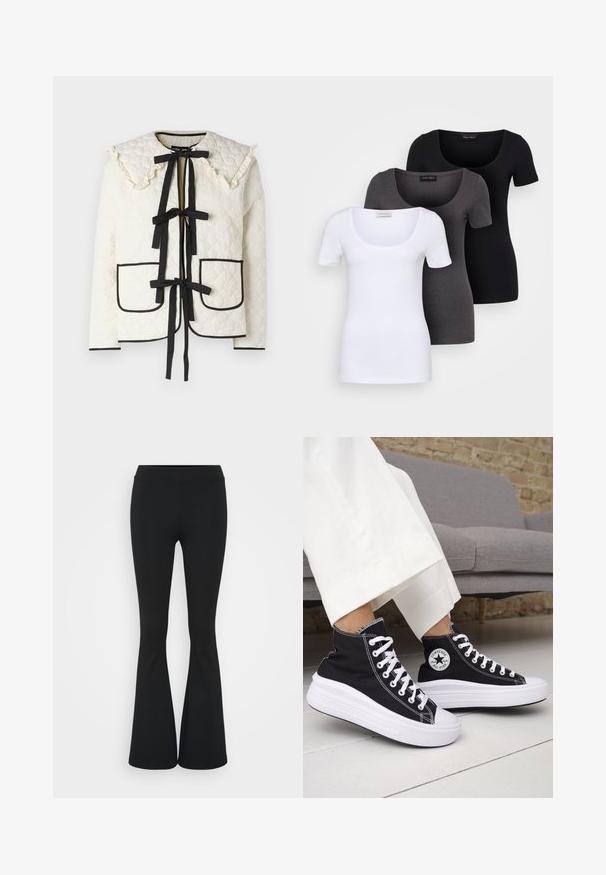 Casaco em ivory acolchoado com acabamentos em preto, apresentando uma gola franzida, dois bolsos frontais e laços pretos para fecho.; Três t-shirts ajustadas em branco, cinza e preto. Cada uma possui um decote amplo e mangas curtas. Feitas de um tecido liso e elástico.; Calças pretas de corte alargado feitas de tecido elástico, com uma cintura alta e uma textura suave. As calças alargam-se a partir do joelho.; Ténis pretos de cano alto com solas e atacadores em borracha branca. Apresentam um emblema redondo e costuras contrastantes em branco. Material em lona.