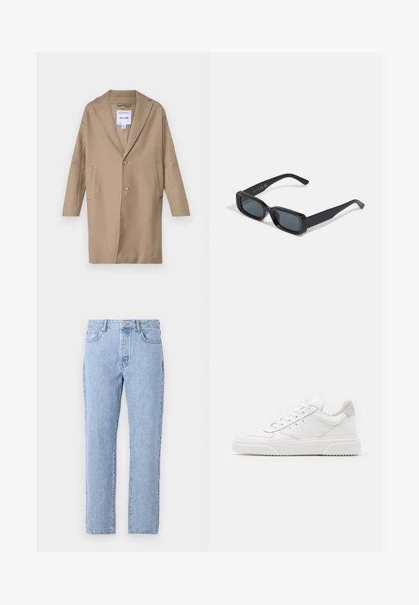 Only & Sons ONSWORF LIFE - Mantel - chinchilla; Witte katoenen t-shirt met korte mouwen, ronde hals en een relaxed fit. Gladde textuur zonder zichtbare patronen of accenten.; Lichtblauwe spijkerbroek met een recht model, vijf zakken en een knoopsluiting. Zachte textuur met een klassieke vervaagde afwerking.; Witte leren sneakers met een gladde afwerking, ronde neus, platte veters en een gestructureerde zool. Grijze suède accent bij de hiel.; Zwarte rechthoekige zonnebril met donkere lenzen. Glanzend montuur, rechte steunen met een lichte kromming. Minimalistisch ontwerp, zonder versieringen.