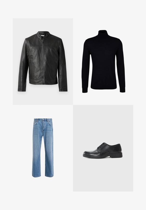 Must musta jope, millel on püsti kaelus, ees lukuga kinnitamine ja kaks külgmist lukuga taskut. Sile tekstuur ja minimalistlik disain.; Must mustarümpik sujuvas kudumis. Omab pikki varrukaid, sobivalt kaelust ning soonikuga mansette ja alläärde, et sobituda keha järgi.; Heledad sinine teksapüksid otse lõikega, viie taskuga, nupuga sulgemine, minimaalne kulumine ja kontrastsed õmbluse detailid.; Must mustaga tume nahk king, millel on ümar varvas, paeltega disain ja madal plokk konts. Sile tekstuur ja minimalistlik profiil.