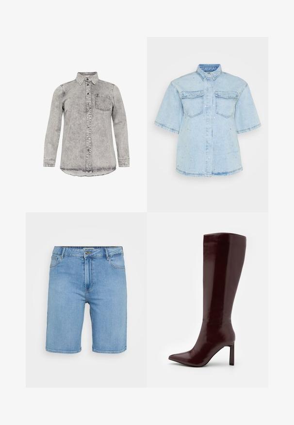 Grey denim shirt with long sleeves, collar, button-front closure, and one chest pocket. Faded texture and a curved hem design.; Light blue denim shirt with short sleeves, featuring two front pockets and embellished with small silver studs throughout.; Light blue denim shorts with a classic cut, featuring a front button closure, belt loops, and two side pockets. Smooth texture and straight hem.; Even&Odd Boots - dark red