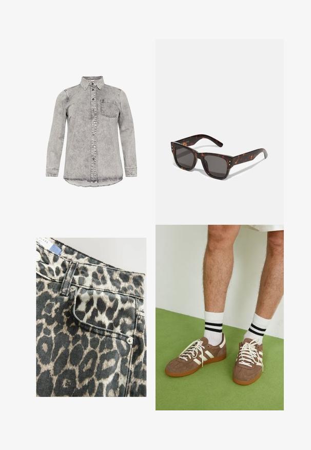 Grijze denim shirt met lange mouwen, kraag, knoopsluiting aan de voorkant en één borstzak. Vervaagde textuur en een gebogen zoomontwerp.; Donkerdenim overhemd met korte mouwen, twee voorzakken met flappen, witte stiksels en een afgeronde kraag.; Leopardprint denimshorts met een gestructureerde taille, voorzak, zwart en beige kleurenschema, afgewerkt met zilveren knopen.; Bruine suède sneakers met witte accenten en veters. Rubberen gumzool. Draag met witte sokken met zwarte strepen. Groene gestructureerde vloer.; Tortoise shell zonnebril met donkere lenzen, vierkant montuur en zilveren accentstuds aan de voorkant. Gemaakt van kunststof, lichtgewicht en duurzaam.; Bruine geweven leren handtas met een slonzig, driehoekig model. Voorzien van een gevlochten handvat en een ritssluiting aan de bovenkant.