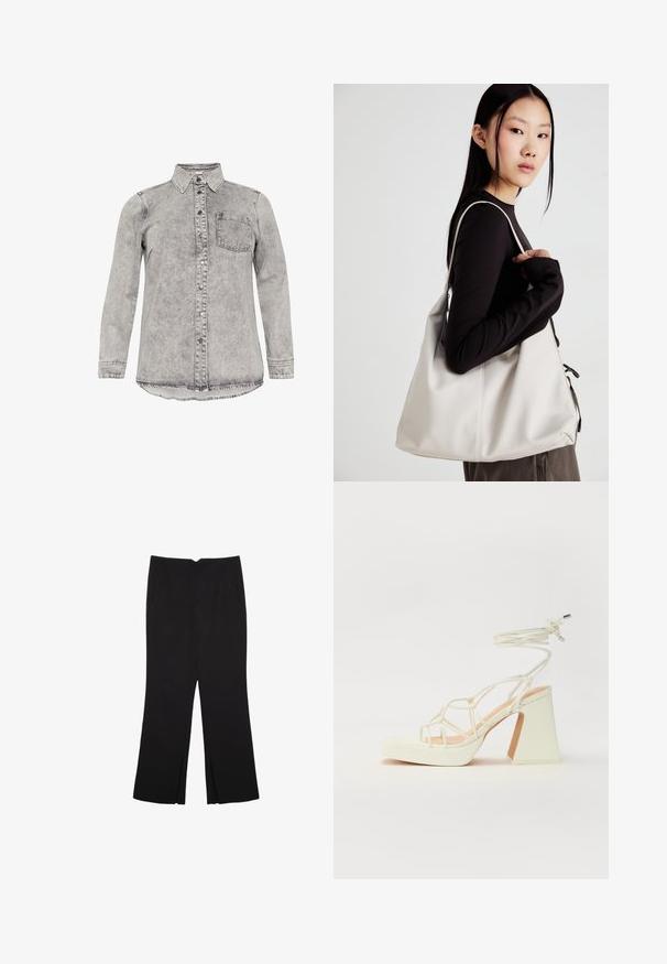 Grau denim Hemd mit langen Ärmeln, Kragen, Knopfleiste und einer Brusttasche. Verblasste Textur und abgerundeter Saumgestaltung.; Schwarzes ärmelloses Oberteil aus glattem Stoff, mit einem runden Ausschnitt und einer figurbetonten Passform, ohne sichtbare Muster oder Verzierungen.; Schwarze Hose mit geradem Schnitt, ausgestattet mit Fronttaschen und Seitenschlitzen am Saum. Hergestellt aus weichem, glattem Stoff. Geeignet für verschiedene Anlässe.; Weiße High-Heel-Sandale mit einem klobigen Absatz, die über ein Riemchendesign und ein Knöchelband verfügt. Glatte Textur mit einer Plattform vorne für zusätzliche Höhe.; Beige Handtasche aus weichem Material, mit einem lässigen Design, gesteppten Details und zwei Schulterriemen. Geeignet für den täglichen Gebrauch.