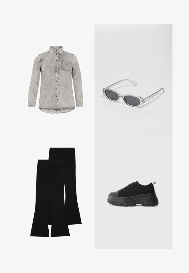 Camicia in denim grigia con maniche lunghe, colletto, chiusura frontale con bottoni e una tasca sul petto. Tessuto scolorito e design dell'orlo curvo.; Maglione a collo alto nero a maniche lunghe, realizzato in tessuto a coste, presenta un design aderente con un collo alto e senza motivi o dettagli.; Pantaloni neri a zampa d'elefante realizzati in tessuto elasticizzato, con vita alta e una superficie liscia, dal taglio aderente che si allarga a partire dal ginocchio.; Sneaker nere con suola in gomma spessa, superiore in tessuto testurizzato, punta rotonda e design con lacci. Presenta occhielli rinforzati e linguetta sul retro.; Occhiali da sole con forma ovale, montatura in plastica trasparente, lenti grigie scure e aste sottili trasparenti con accenti di logo e dettagli minimi.; Borsa hobo nera in pelle con una superficie liscia, forma curvata e una singola tracolla regolabile; presenta un'ampia apertura nella parte superiore.