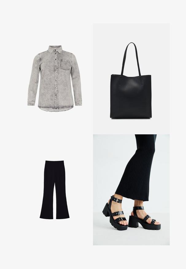 Siva traper košulja s dugim rukavima, ovratnikom, prednjim zatvaranjem na gumbe i jednom džepom na prsima. Očigledna tekstura i oblik ruba u zakrivljenom obliku.; Crna majica kratkih rukava napravljena od mekog pamuka, s okruglim izrezom i opuštenim krojem. Nema vidljivih uzoraka ili akcenta.; Crne široke hlače s visokim strukom, bez vidljivih džepova ili dugmadi, prikazane protiv bijele pozadine.; Crne platforme sandale s debelim, nazubljenim potplatima i višestrukim trakama, s metalnim kopčama i glatkom teksturom koja podsjeća na kožu.; Crna kožna torba za nošenje s glatkom teksturom, pravokutnim oblikom i dvije duge ručke. Nema vidljivih metalnih dijelova ili ukrasa.