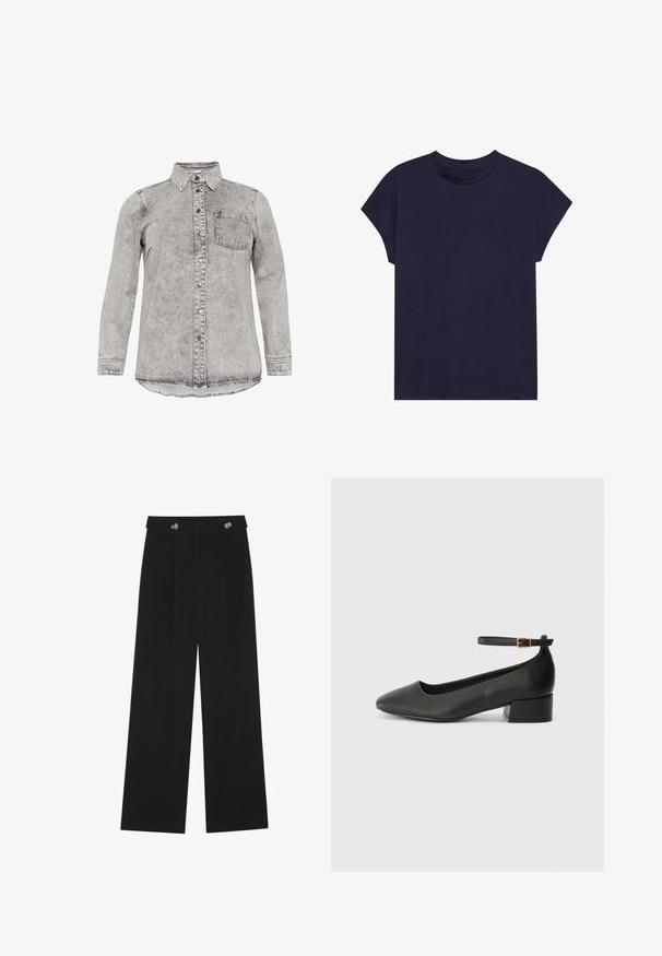Grau denim Hemd mit langen Ärmeln, Kragen, Knopfleiste und einer Brusttasche. Verblasste Textur und abgerundeter Saumgestaltung.; Dunkelblaue Baumwoll-T-Shirt mit rundem Ausschnitt und kurzen Ärmeln, das einen lockeren Schnitt und eine glatte Textur bietet. Keine Muster oder Akzente.; Schwarze weite Hosen mit hoher Taille, Knopfdetails am Bund und vorderen Falten.; Schwarze Lederpumps mit spitzem Zehenbereich und niedrigem Blockabsatz. Mit einem Knöchelriemen und einer goldfarbenen Schnalle. Glatte Textur.