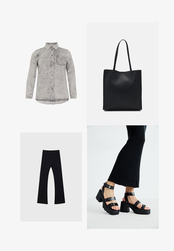 Camicia in denim grigia con maniche lunghe, colletto, chiusura frontale con bottoni e una tasca sul petto. Tessuto scolorito e design dell'orlo curvo.; T-shirt nera in cotone con maniche corte, caratterizzata da una piccola grafica di una farfalla rosa sul lato sinistro del petto. Design a girocollo con una vestibilità rilassata.; Pantaloni yoga neri con vita alta, realizzati in tessuto elastico, presentano un design a gamba svasata e una superficie liscia in tutto il capo.; Sandali neri con piattaforma, suole chunky e tassellate, dotati di molteplici cinturini, con fibbie in metallo e un texture simile alla pelle liscia.; Borsa tote in pelle nera con texture liscia, forma rettangolare e due manici lunghi. Nessun hardware o decorazione visibile.