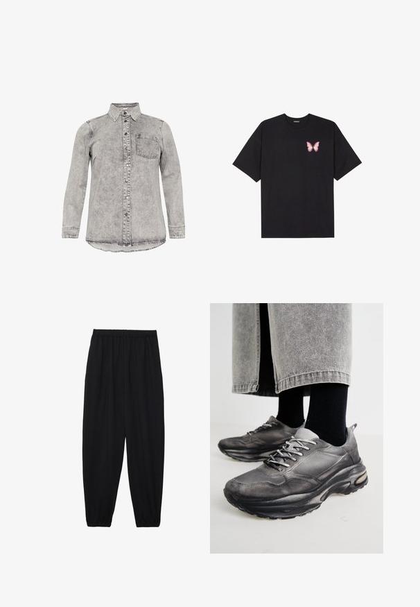 Siva denim srajca z dolgimi rokavi, ovratnikom, sprednjim zapiranjem na gumbe in eno žepom na prsih. Zbledele teksture in zasnova s spuščenim robom.; Črna bombažna majica s kratkimi rokavi, ki ima majhen roza metuljček na levi strani prsnega dela. Majica s krožnim ovratnikom in sproščenim krojem.; Črne, lahke hlače z elastičnim pasom in nabranimi gležnji. Tkanina je gladka in ima sproščen, taperiran dizajn.; Črne in sive športne čevlje imajo mrežast zgornji del, debele podplate in vezalke. Imajo zaobljen nos in opazne podrobnosti oblazinjenja.
