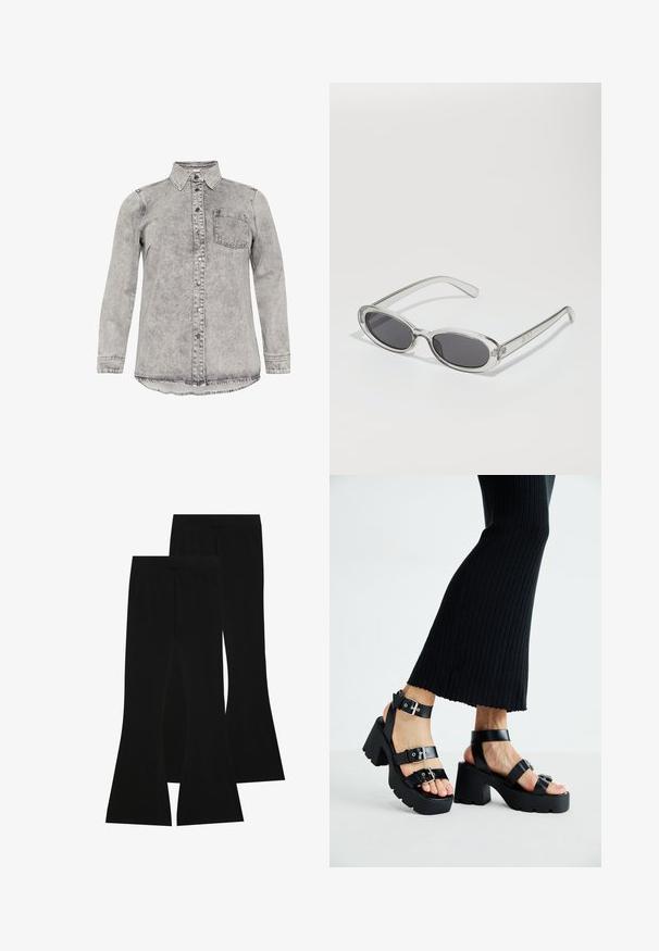 Pilkas džinsinis marškiniai su ilgomis rankovėmis, apykakle, mygtukų uždarymu priekyje ir viena krūtinės kišenė. Pablukusi tekstūra ir lankstaus krašto dizainas.; Duos marškinėlių be rankovių juodos ir baltos spalvų, pagamintų iš elastingos medžiagos. Su apvaliu iškirpimu ir tolygiu siūlų apdaila kraštuose. Matomas prekės ženklas.; Juodi platėjančių kojų džinsai, pagaminti iš elastingos medžiagos, turintys aukštą liemenį ir lygią tekstūrą, su prigludusia forma, kuri plinta nuo kelio.; Juodos platformos sandalai su storais, gilių rašto padais ir keliais dirželiais, su metaliniais sagtelėmis ir glotnia oda primenančia tekstūra.; Akiniai nuo saulės ovalo formos, su skaidriu plastiko rėmu, tamsiai pilkais objektyvais ir plonomis skaidriomis šakėmis, dekoruotais logotipų akcentais ir minimaliais detalėmis.; Juodas odinis tote krepšys su lygia tekstūra, stačiakampio formos ir dviem ilgais rankenomis. Matomų metalinių detalių ar puošybos nėra.
