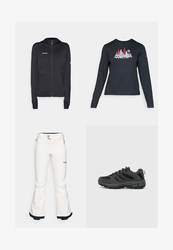 Fekete csíkos, kapucnis, cipzáras dzseki, narancssárga cipzár húzóval és két oldalsó zsebbekkel. Könnyű, texturált anyagból készült.; Hosszú ujjú, sötétszürke ing piros fákkal és hegyekkel díszítve; a "COLUMBIA" logó vastag fehér betűkkel. Puha anyag, klasszikus kerek nyakkivágás.; Fehér sínadrág, puha, rugalmas anyagból készült. Jellemzője az illeszkedő derék, széles, trapéz szabású lábszárak és fekete díszítés a mandzsettán. A márka logója látható.; Columbia REDMOND - Túracipők - black/citron haze