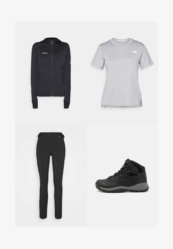Casaco preto riscado, com fecho éclair e capuz, apresentando um puxador de fecho laranja e dois bolsos laterais. Composto por um tecido leve e texturizado.; T-shirt cinza de mangas curtas feito de um tecido suave e que absorve a humidade. Apresenta um decote redondo e um pequeno logotipo branco na parte superior esquerda.; Calças pretas, ajustadas, feitas de um material flexível. As características incluem um bolso lateral com fecho éclair, joelhos articulados e uma textura suave.; Bota de caminhada preta com design de cano médio, apresentando um upper texturizado, detalhes cinzentos e sola de borracha durável com cravos de tração.