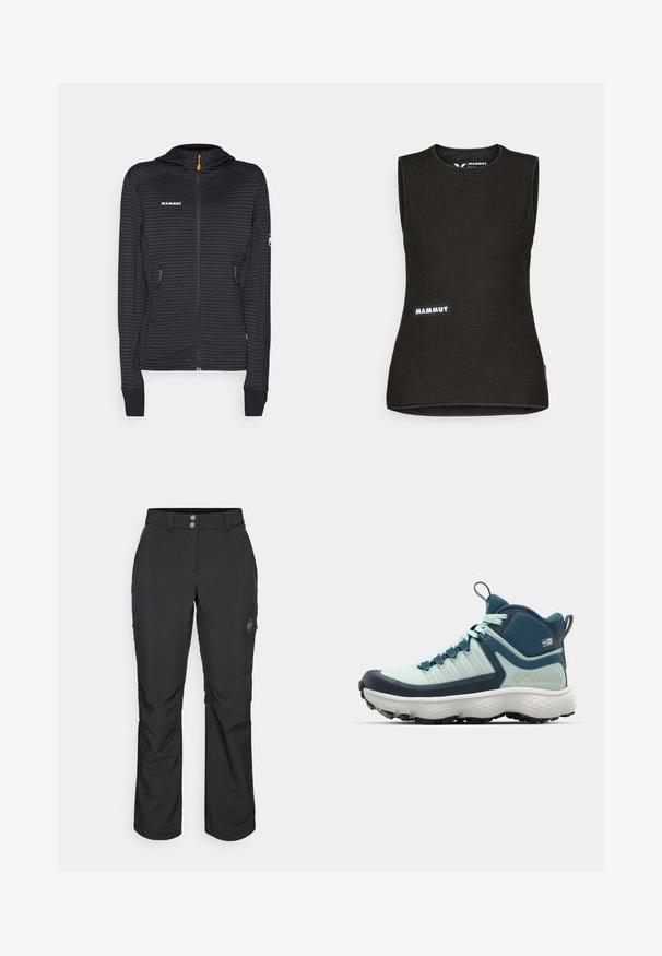 Chaqueta con cremallera y capucha de rayas negras, con un tirador de cremallera en naranja y dos bolsillos laterales. Compuesta de un tejido ligero y texturizado.; Camiseta sin mangas negra con un patrón texturizado, con un escote redondo y un logo de "MAMMUT" en el frente. Hecha de material transpirable.; Pantalones exteriores negros de corte recto, con cierre de botón, bolsillos laterales con cremallera y un parche con el logotipo en el muslo izquierdo.; Zapato de senderismo para hombre en tonos azul claro y marino. Cuenta con una parte superior texturizada, una protección de goma moldeada en la puntera y una suela agresiva para mayor tracción.