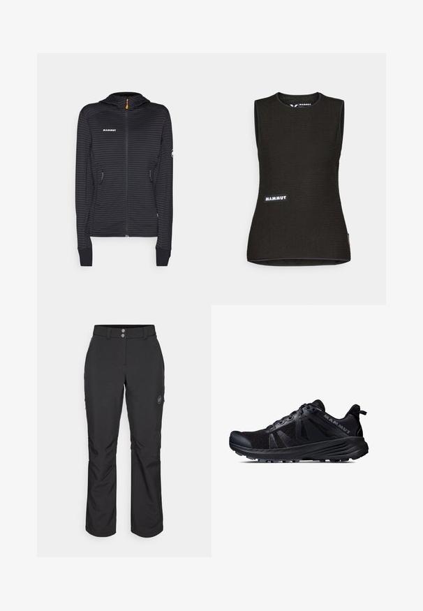 Melnām svītrām zip-kraklā jaka ar kapuci, ar oranžu rāvējslēdzēja vilkšanas pavedienu un divām sānu kabatām. Izgatavota no viegla, teksturēta auduma.; Melnā bez piedurknēm krekls ar teksturētu rakstu, ar apaļu kakla izgriezumu un "MAMMUT" logotipu priekšpusē. Izgatavots no elpojoša materiāla.; Melnas brīvā laika bikses ar taisnu piegriezumu, aprīkotas ar pogu aizdari, rāvējslēdzēja sānu kabatām un logotipa uzlīmi kreisajā augšstilbā.; Melna taku skriešanas apava ar sietu augšdaļu un gumijas zoli. Iekļauj teksturētas virsmas, pastiprinātu purngala daļu un zīmola logo uz papēža.