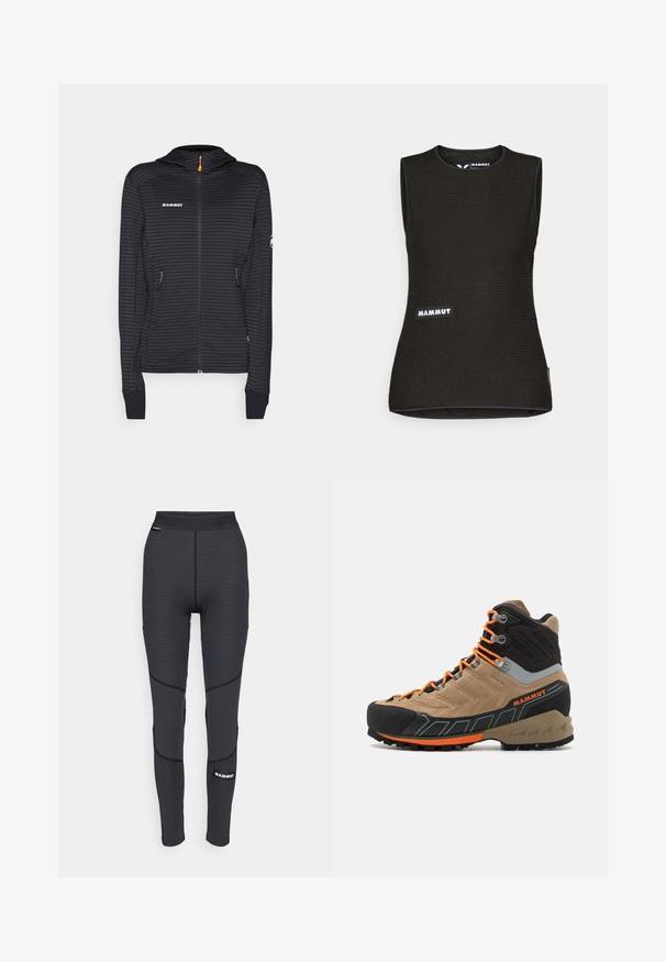 Casaco preto riscado, com fecho éclair e capuz, apresentando um puxador de fecho laranja e dois bolsos laterais. Composto por um tecido leve e texturizado.; Camiseta preta sem mangas com um padrão texturizado, apresentando uma gola redonda e um logótipo "MAMMUT" na frente. Feita de material respirável.; Leggings atléticos pretos com painéis texturizados e costuras reforçadas, apresentando um logótipo de marca e uma cintura larga elástica.; Bota de caminhada cano alto em bege e preto com atacadores laranja, biqueira em borracha, parte superior texturizada e sola robusta. Apresenta suporte reforçado para o tornozelo.