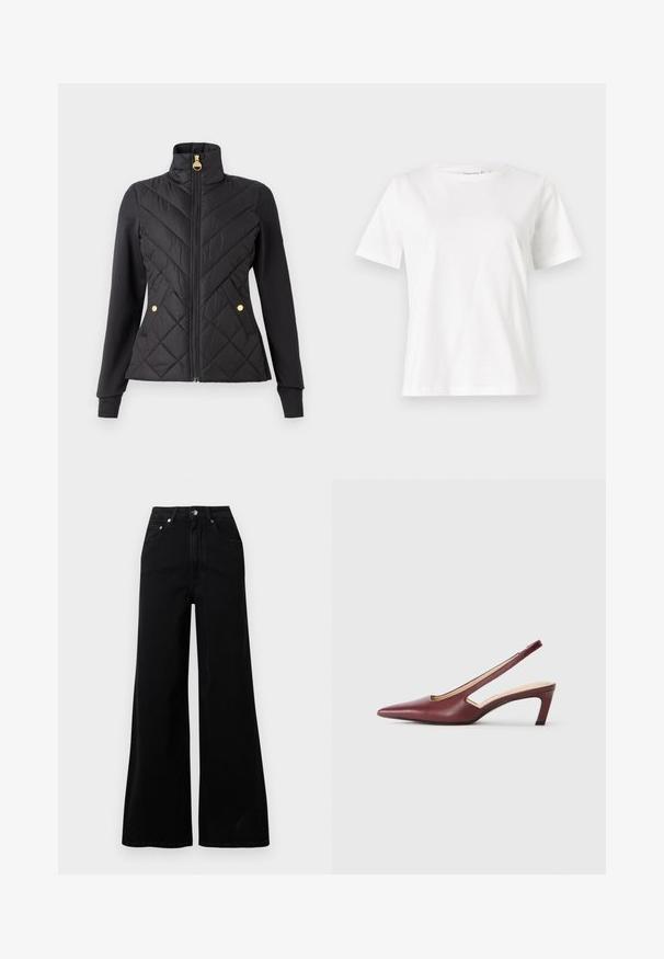 Musthaetud must jakk kõrge kraega, kuldse tõmblukuga ja nööbist rõhutatud detailidega. Omab figuuri rõhutavat lõiget ja kontrastset siledaidärke.; Valge puuvillane T-särk lühikeste varrukatega, ümmarguse kaelusega ja vabalt istuv. Sile tekstuur, ilma mustrite ja aktsentideta, minimalistik disain.; Mustad laia säärega teksad, mis on tehtud deniimist, kõrge vöökoht, viis taskut, esikinnitus nööbiga ja minimaalsed õmblused.; Burgundy slingback kontsad, millepunktse varbaga, külgedel lõike üksikasjadega ja kesk kõrgusega plokknina. Sile nahkviimistlus.