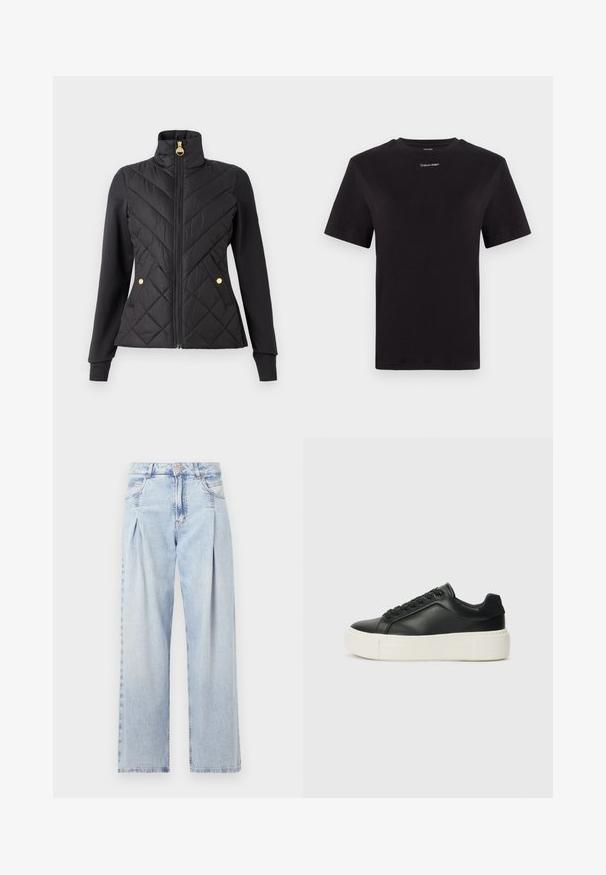 Black quilted jacket with a high collar, golden zipper, and snap-button accents. Features a fitted cut and contrasting smooth sleeves.; Black cotton t-shirt with short sleeves, crew neck, and small white "Calvin Klein" logo at the chest. Smooth texture, classic fit.; Light blue denim jeans with a high waist, wide-leg cut, two side pockets, and pleated design feature. Soft texture with a faded finish.; Black leather sneaker with a rounded toe, white platform sole, and black laces. Features a subtle logo on the heel and smooth texture.