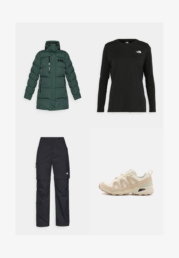 Ciemnozielona ocieplana kurtka zimowa z kapturem, trzema zamykanymi na zamek kieszeniami i czarnym logo "HH" na klatce piersiowej.; Czarna koszulka z długim rękawem z bawełny z okrągłym dekoltem. Posiada niewielkie białe logo po lewej stronie na piersi. Prosty design i fason.; Czarne nylonowe spodnie cargo z odpinanymi nogawkami, regulowanymi mankietami, wieloma kieszeniami oraz logo na prawej nogawce. Gładka, lekka tekstura.; Beżowe i kremowe buty sportowe z teksturowanej siateczki, wspierającymi nakładkami oraz gumową podeszwą z wzorem bieżnika zapewniającym przyczepność.
