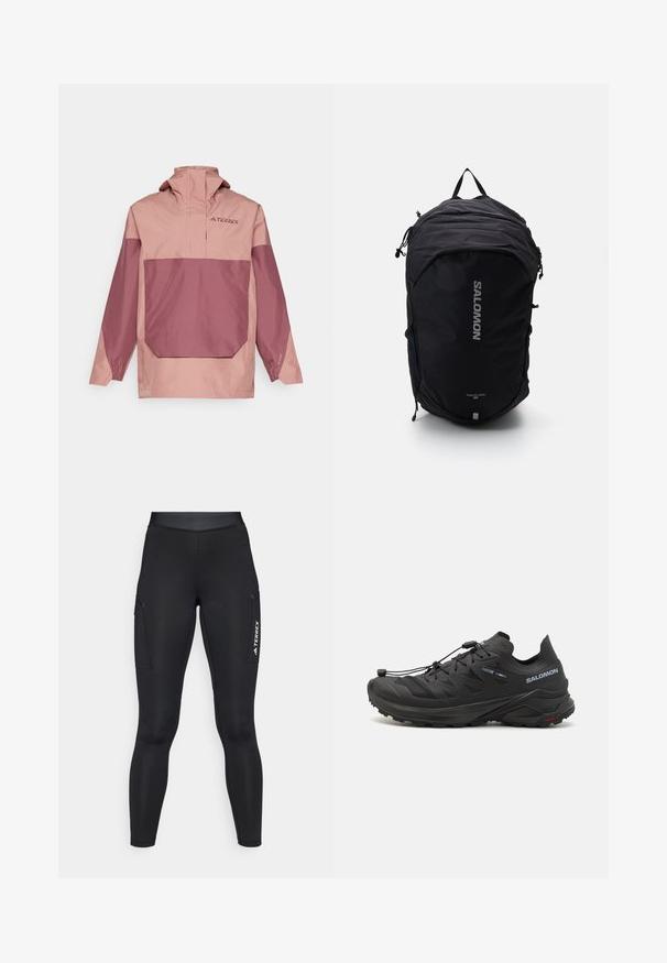 Chaqueta ligera de pulóver bicolor en rosa y malva. Presenta un cuello alto, bolsillo frontal y puños elásticos para un ajuste ceñido.; Camiseta deportiva blanca de manga larga con cuello alto y pequeño logo centrado en el pecho, mostrada sobre un fondo liso.; Leggings atléticos negros con un diseño ajustado, hechos de material elástico. Cuentan con bolsillos laterales y la marca "TERREX" en blanco.; Zapatillas de trail running negras con un upper texturizado, paneles de malla y un sistema de cierre seguro. Cuenta con una suela robusta para mayor tracción.; Mochila negra con un diseño aerodinámico, tejido texturizado, correas ajustables y un prominente logo plateado de "SALOMON" en la parte frontal.