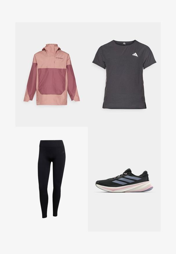 Lette, tofarvet pulloverjakke i pink og mauve. Har høj krave, lomme foran og elastiske manchetter for en tæt pasform.; Kortærmet atletisk t-shirt, mørkegrå med perforeret tekstur. Har et hvidt logo og kontrastfarvede sidelister. Rundet halsudskæring.; Sorte atletiske leggings lavet af strækbart stof, med høj talje, tætsiddende design og ribbede ankelmanchetter. Diskret brandlogo.; Sort løbesko med mesh-overdel, lyse lilla accenter og tre horisontale grå striber. Har en polstret sål for komfort.