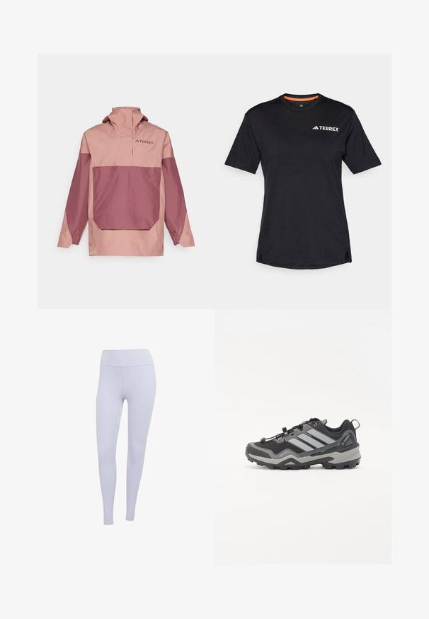 Ľahký pulóverový kabát v dvoch odtieňoch, ružový a fialový. Má vysoký golier, predné vrecko a elastické manžety pre tesné priliehanie.; Čierne tričko s krátkym rukávom a okrúhlym výstrihom, s jemnou melírovanou textúrou a bielym logom "TERREX" na hornej ľavej strane.; Svetlofialové legíny vyrobené z elastického materiálu. Vysoký pás s hladkou textúrou a bez viditeľných švov alebo vzorov.; Čierna a šedá turistická obuv s textúrovaným povrchom, gumovou podrážkou a tromi výraznými šedými pruhmi na boku; obsahuje systém rýchleho šnurovania.
