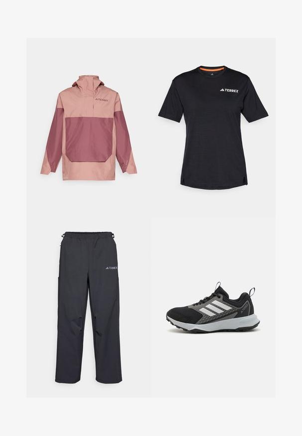 Lehká pulovrová bunda ve dvou barvách, růžové a mauve. Má vysoký límec, přední kapsu a elastické manžety pro těsnější střih.; Černé tričko s krátkým rukávem a kulatým výstřihem, s jemnou melanžovou strukturou a bílým logem "TERREX" na levé horní straně.; Černé, lehké venkovní kalhoty s elastickým pasem, bočními kapsami a logem na pravé horní nohavici. Hladká, voděodolná tkanina.; Černá sportovní bota s šedými akcenty, s texturovaným síťovaným svrchním materiálem, třemi bílými pruhy a gumovou podešví pro lepší trakci.