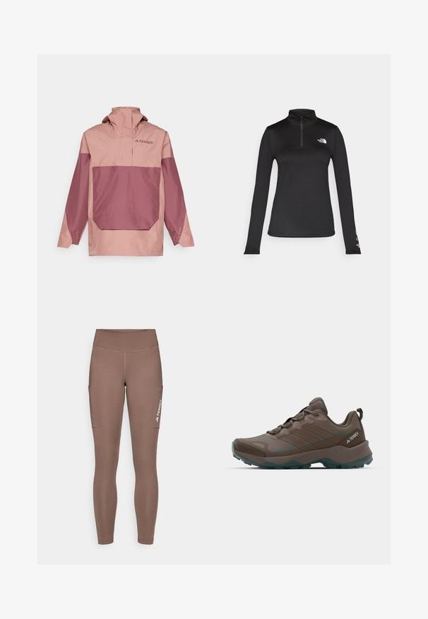 Lahek, dvobarven puloverjak v roza in mauve barvi. Ima visok ovratnik, sprednji žep in elastične manšete za udobno prileganje.; The North Face FLEX 1/4 ZIP GRAPHIC - Majica z dolgimi rokavi - black; Rjave športne legice z visokim pasom, ki imajo stranske žepe in belo logo. Gladek, elastičen material za udobje in gibljivost.; Sive in temno zeleni pohodni čevlji z mrežastimi paneli, teksturiranim zgornjim delom in trpežnim gumijastim podplatom. Imajo podloženi jezik in vezalni sistem.