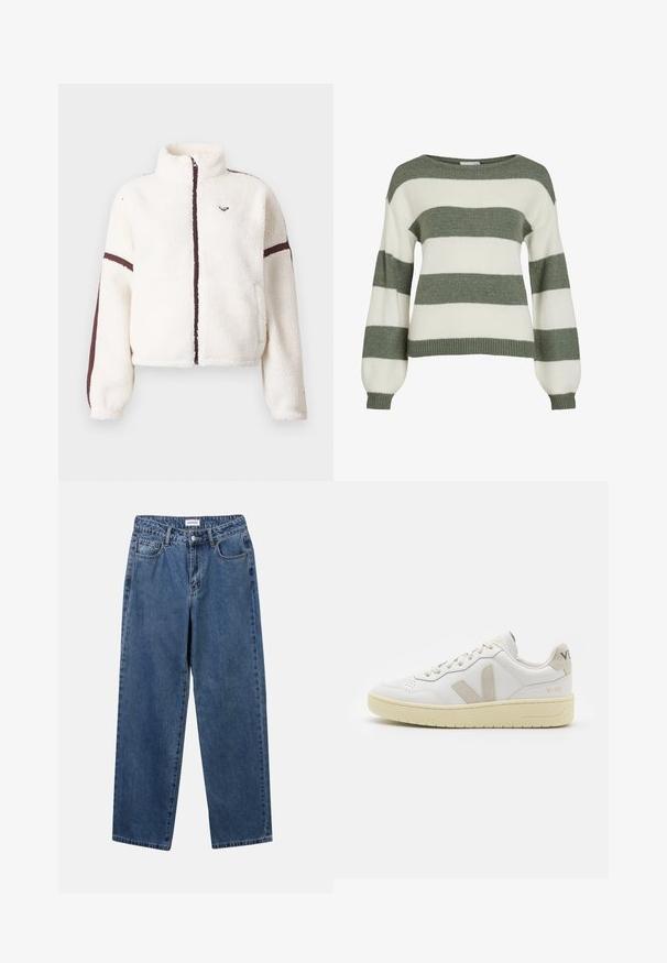 Hvid fleecejakke med fuld frontlynt, høj krave og brune striber langs ærmerne og lynlåslinjen.; Grøn- og hvidstribet sweater med en afslappet pasform, brede ærmer og ribstrikkede manchetter. Lavet af blødt, tekstureret strikmateriale.; Klassiske blå denimbukser med lige ben, fem lommer og knaplukning. Har en medium vask og en robust tekstur.; Hvide lærreds sneakers med beige ruskindsdetaljer, perforeret tåboks, flade snørebånd og en struktureret cremefarvet sål. Har diskret branding på hælen.