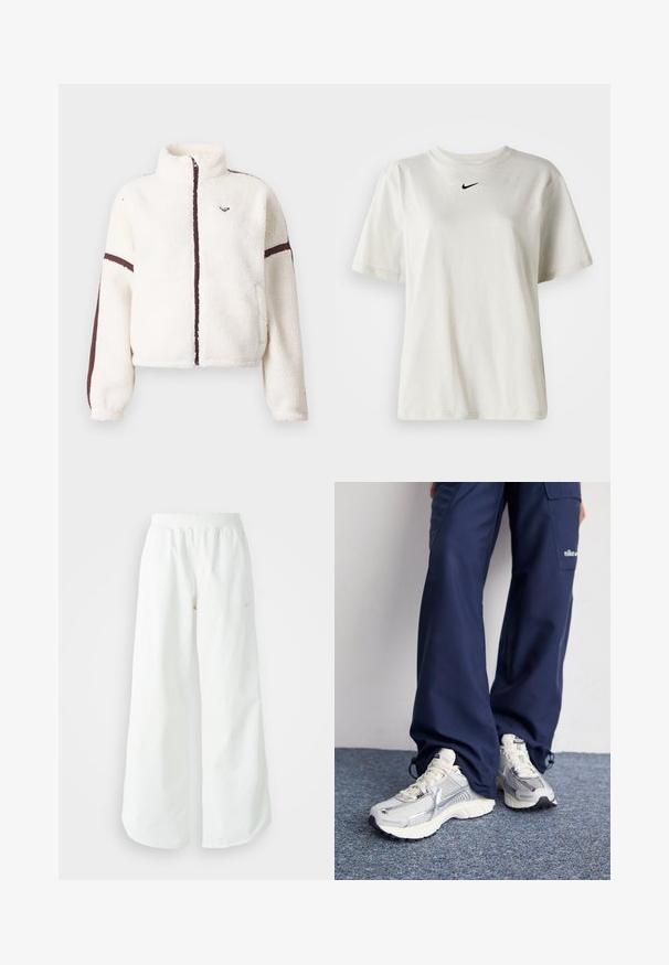 Fehér bolyhos dzseki teljes elől zippel, magas gallérral és barna csíkokkal az ujjakon és a zipp vonalon.; Fehér pamut póló kerek nyakkal és rövid ujjal. A mellkason egy kis fekete Nike logó található. Egyszerű és díszítetlen dizájn.; Fehér, bő szárú sportnadrág ribbelt derékpánttal és diszkrét logórésszel. Simá szövet, laza szabással és taperált szárral.; Nike sportcipők ezüst hálós felsőrésszel, fehér kiegészítőkkel és texturált talppal, lazán illeszkedő sötétkék nadrággal párosítva.