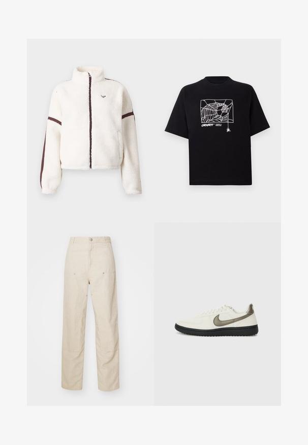 Balta vilnas jaka ar pilnu priekšējo rāvējslēdzēju, augstu apkakli un brūnām svītrām gar piedurknēm un rāvējslēdzēja līniju.; Melnā kokvilnas T-kreklā ir īsas piedurknes. Uz priekša ir balti zirnekļa tīkla grafika un logo. Vienkārša noapaļota izgriezne.; Bēša lina bikses ar brīvu piegriezi, ar sānu kabatām un dekoratīvām šuvēm, bezšuvju jostasvietu un taisnām kājām.; Nike Sportswear FIELD GENERAL - Treniņu apavi - off-white/black