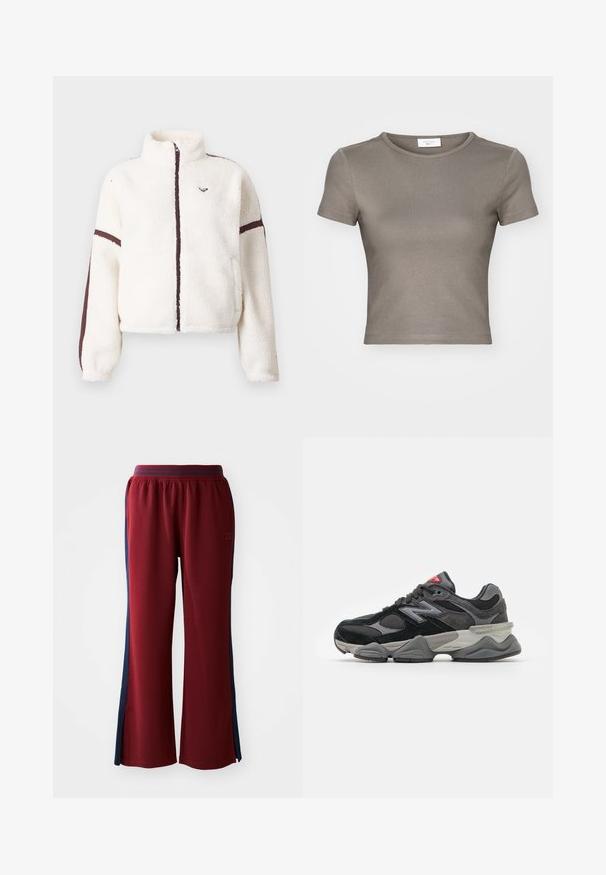 Weißer Fleece-Jacke mit durchgehendem Reißverschluss, hohem Kragen und braunen Streifen entlang der Ärmel und der Reißverschlusslinie.; Kurzärmliges T-Shirt mit Rundhalsausschnitt in Taupe, aus glattem Baumwollstoff gefertigt. Verfügt über eine taillierte Passform und feine Nähte am Saum und den Ärmeln.; Rote Sweatpants in lockerer Passform mit marineblauen Seitenstreifen und weitem Bein. Mit elastischem Bund für zusätzlichen Komfort.; Schwarzer und grauer Sneaker mit einer Kombination aus Wildleder und Mesh-Materialien, dicker Sohle, ausgeprägtem Logo und roten Akzenten an der Zunge.