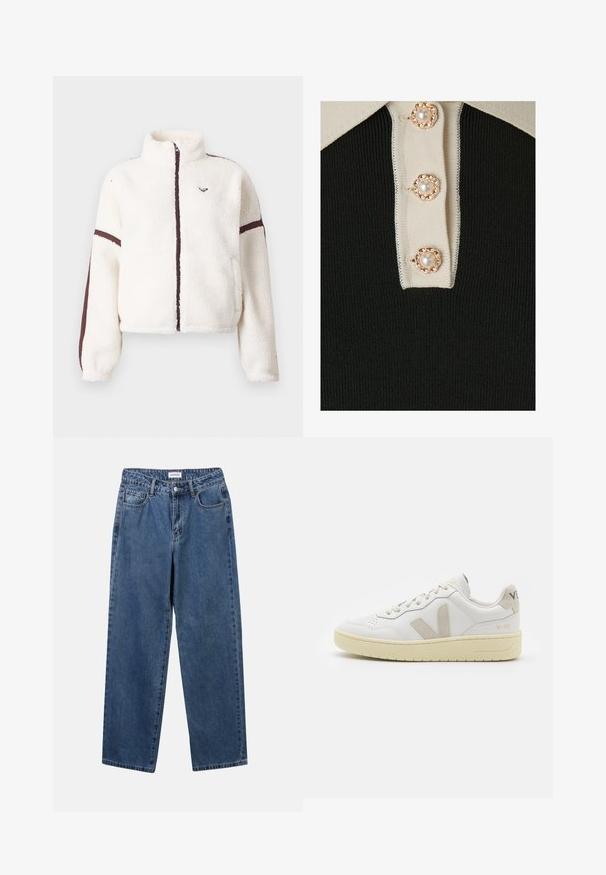 Hvid fleecejakke med fuld frontlynt, høj krave og brune striber langs ærmerne og lynlåslinjen.; YAS YASMILLE - Poloshirts - black/star white; Klassiske blå denimbukser med lige ben, fem lommer og knaplukning. Har en medium vask og en robust tekstur.; Hvide lærreds sneakers med beige ruskindsdetaljer, perforeret tåboks, flade snørebånd og en struktureret cremefarvet sål. Har diskret branding på hælen.