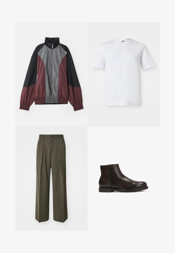 Farbblockierte Jacke mit kastanienroten, schwarzen und grauen Paneelen. Leichter Stoff, hoher Kragen und elastische Bündchen mit einem durchgehenden Reißverschluss vorn.; Weißes Baumwoll-T-Shirt mit kurzen Ärmeln, Rundhalsausschnitt und glatter Textur. Keine Muster oder Akzente sind sichtbar.; Filippa K WIDE TROUSERS - Stoffhose - driftwood; Schwarze Leder-Ankle-Boots mit glatter Textur, runder Zehenform und niedrigem Absatz. Verfügt über einen seitlichen Reißverschluss für einfaches An- und Ausziehen.