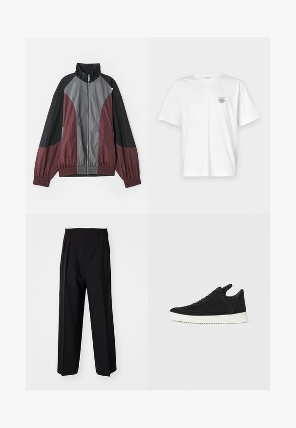 Casaco em bloco de cores com painéis em bordeaux, preto e cinza. Tecido leve, gola alta e punhos elásticos com fecho frontal completo.; Camisa branca de algodão com mangas curtas, gola redonda e um pequeno logótipo cinza na área do peito esquerdo. Textura suave.; Calças pretas plissadas com um design reto e de perna larga. Feitas de um tecido liso, apresentam um fecho de botão e passantes para cinto.; Sapatilha de camurça preta com sola de borracha branca, apresentando costuras tonais e um design com atacadores. Textura suave com uma forma moderna e simplificada.
