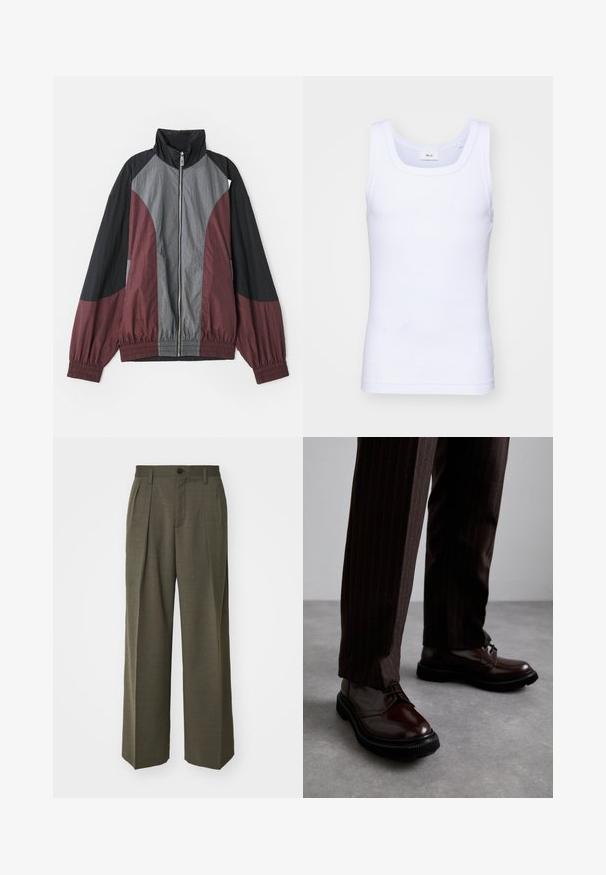 Jakna s color block designom, ki vsebuje bordo, črno in sivo ploščo. Lahka tkanina, visok ovratnik in elastični manšeti z polnim sprednjim zadrgo.; Bela bombažna brezrokavna majica s krošnjo, ki ima gladko teksturo in prilegajočo obliko, zasnovana za sproščeno nošenje.; Filippa K WIDE TROUSERS - Hlače - driftwood; Bordeaux usnjeni čevlji na vezanje z leskom, črnim gumijastim podplatom in diskretno šivanjem. Nosi se z rjavo prugastimi hlačami.