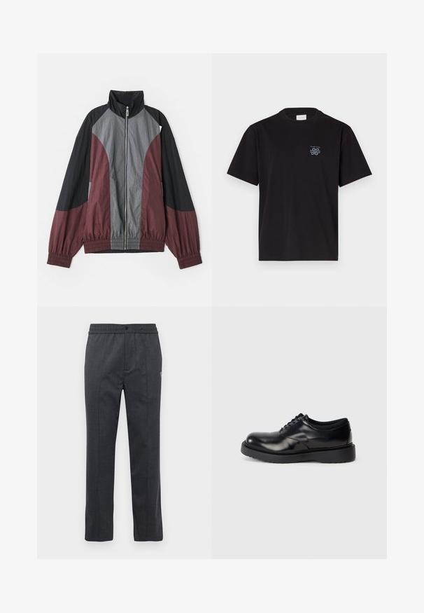 Color-blocked jacket featuring maroon, black, and gray panels. Lightweight fabric, high collar, and elastic cuffs with a full front zipper.; Black cotton t-shirt with a crew neck and short sleeves. Features a small blue logo on the left chest. Simple, straight-cut design.; Dark gray straight-leg pants with elastic waistband, front button closure, and subtle embroidered detail on the right side.; Black leather lace-up shoe with a rounded toe, smooth surface, and a thick rubber sole featuring subtle grooves for traction.