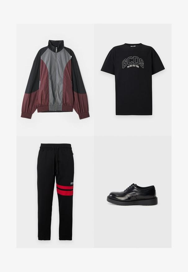 Chaqueta con bloques de color que presenta paneles en burdeos, negro y gris. Tejido ligero, cuello alto y puños elásticos, con una cremallera frontal completa.; Camiseta de algodón negra con mangas cortas. Presenta el logo blanco de GCDS y el texto "MILANO ITALIA 1988" en forma de arco. Corte estándar y cuello redondo.; Pantalones de chándal negros con rayas rojas de contraste y logo en el lateral. Cuenta con una cinturilla elástica con cordón y puños en los tobillos ajustados.; Zapato negro de cuero con cordones, punta redondeada, superficie lisa y suela de goma gruesa con surcos sutiles para tracción.