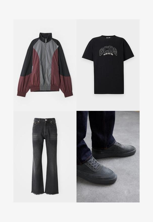 Farvet blokjakke med maroon, sort og grå paneler. Letvægtsstof, høj krave og elastiske manchetter med fuld frontlynlås.; Sort bomulds T-shirt med korte ærmer. Har hvidt GCDS-logo og teksten "MILANO ITALY 1988" i en bue. Standard pasform og rund hals.; Sorte flagrende jeans med en mellemtonet vask, der har en frynset kant, fem-lomme design og metalknaplukning. Fremstillet af denimstof.; Grå ruskinds sneakers med tekstureret overflade, flade gummisåler og snørebånd, sat sammen med mørk denim jeans med orange syninger.