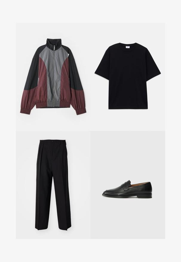 Takki, jossa on värilohkoja tummanpunaisista, mustista ja harmaista paneeleista. Kevyt kangas, korkea kaulus ja elastiset hihansuut, joissa on täysi etuvetoketju.; Mustat lyhythihainen oversized T-paita, jossa on pyöreä kaula-aukko ja näkyvä Filippa K -tuotemerkki etiketti kauluksessa.; Mustat laskostetut housut, joissa on suora, leveä lahje. Valmistettu sileästä kankaasta, jossa on nappisuljenta ja vyölenkit.; Musta nahkainen loafer, jossa on pyöreä kärki, hienovarainen ommelkoristelu ja matala korko, joka on varustettu sileällä pinnalla ja minimalistisella designilla.