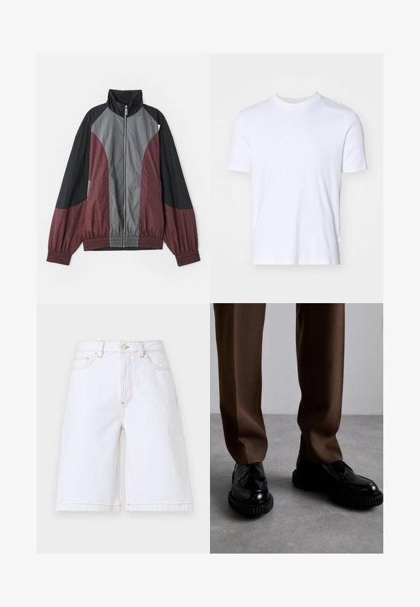 Veste bi-colore avec des panneaux bordeaux, noirs et gris. Tissu léger, col haut, et poignets élastiques avec une fermeture éclair sur toute la longueur.; T-shirt en coton blanc avec un col rond côtelé, des manches courtes et une coupe standard. Texture lisse, sans motifs ni accents visibles.; Shorts en denim blanc avec une coupe droite, cinq poches et des coutures contrastantes couleur tan. Comprend une fermeture avec bouton et zip à l'avant.; Chaussures en cuir noir avec des semelles noires striées, associées à un pantalon ajusté marron en tissu lisse et texturé.